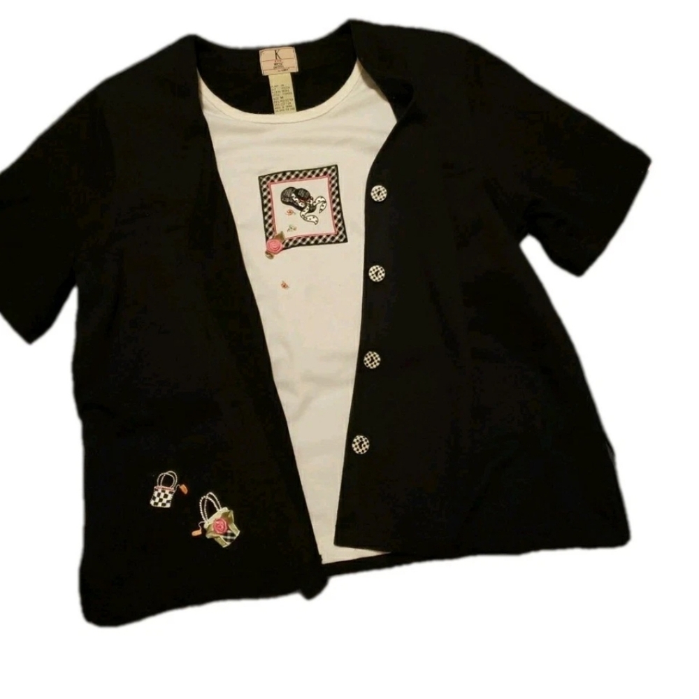 Vtg K Wear ByKoret M Black White Check SS Embroidered Applique Shirt Hat Floral